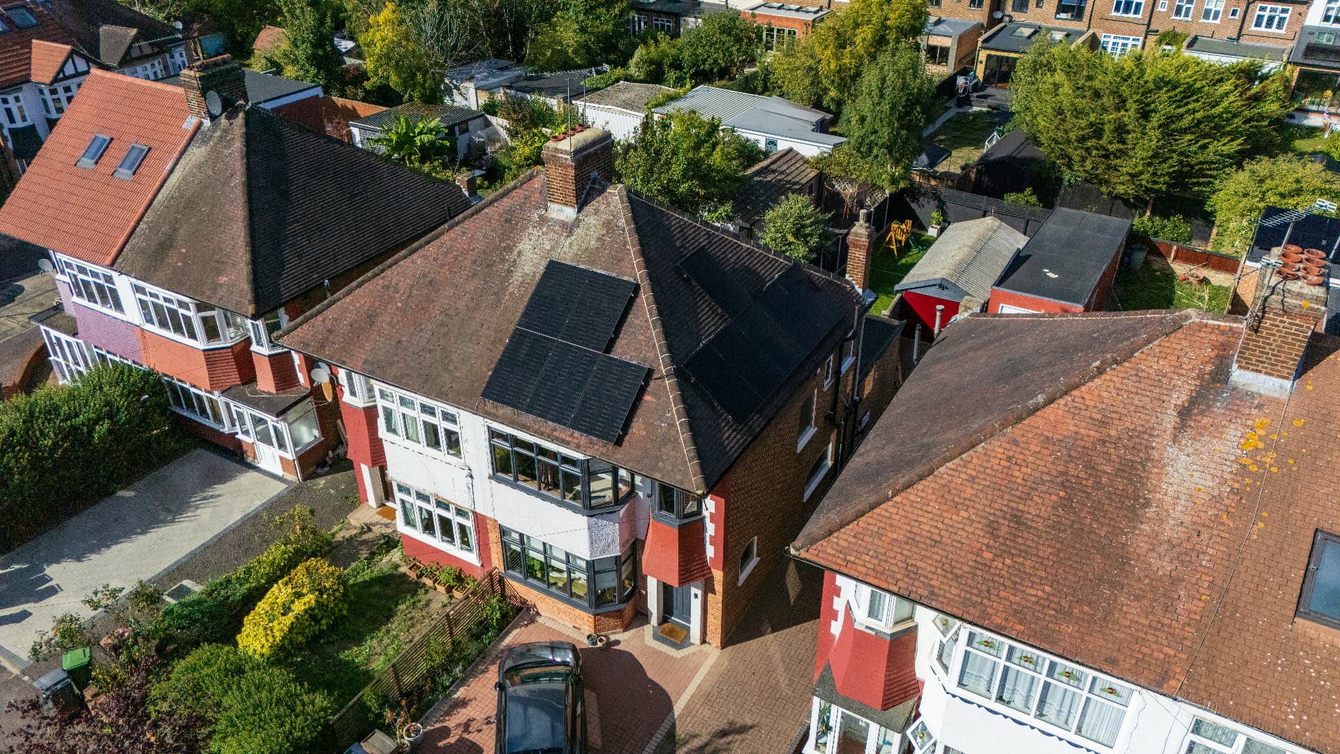 Aerial view of a Walthamstow home with solar panels fitted across both roof slopes